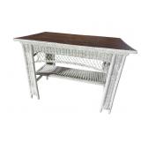 ANTIQUE TIGER OAK AND WICKER LIBRARY TABLE