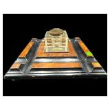 OLDER CRYSTAL INKWELL IN FOOTED WOOD BASE