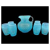 1950S FENTON BLUE OPALESCENT HOBNAIL 7 PC WATER