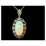 PLATINUM NATURAL OPAL & DIAMOND PENDANT W CHAIN
