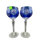 PR OF BOHEMIAN COBALT CUT TO CLEAR WINE STEMS