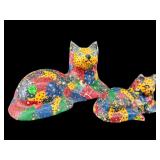 2 VINTAGE PATCHWORK DECOUPAGE CAT FIGURINES