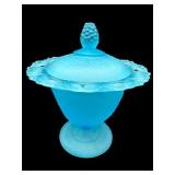INDIANA GLASS FROSTED BLUE GRAPE & LEAF CANDY DISH