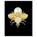 14K  GOLD DIAMOND PEARL FLY BEE BROOCH PIN