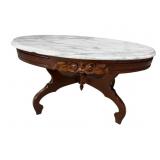 MAHOGANY ROSE CARVED OVAL MARBLE TOP TABLE