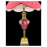 CRANBERRY ETCHED BRASS AND MARBLE LAMP