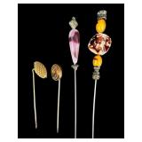 COLLECTION OF 4 ART GLASS ANTIQUE HAT PINS