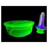 2 PC LOT GREEN URANIUM COVERED DISH & SALT/PEPPER