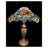 HEAVY BRASS TIFFANY STYLE FLORAL TABLE LAMP