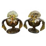 2 AMBER GLASS TURKEY CANDLE HOLDERS