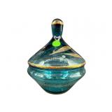 BLUE AND GOLD COVERED GLASS CANDY DISH