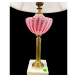 OPALESCENT CRANBERRY SWIRL BRASS AND MARBLE LAMP