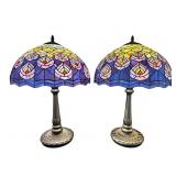 2 TIFFANY STYLE MATCHING PEACOCK TAIL TABLE LAMPS