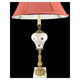 BOHEMIAN CRANBERRY ORNATE BRASS AND MARBLE LAMP