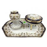 3 PC ANTIQUE NIPPON COBALT AND GOLD DRESSER SET