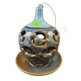BLUE AND BROWN GLAZE POTTERY BIRD FEEDER