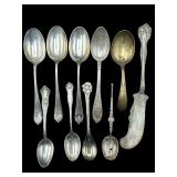 LOT OF 10 STERLING SILVER SPOONS, 1 KNIFE