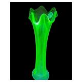 VINTAGE GREEN URANIUM GLASS RIBBED SWUNG VASE