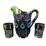 IMPERIAL CARNIVAL GLASS STARBURST PITCHER AND 2
