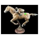 OLD SPELTER HORSE AND MOUNTED JOCKEY SCULPTURE