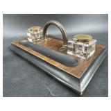 OLDER WOOD AND BRASS INKWELL SET