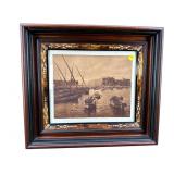 SHIP SCENE PRINT IN ANTIQUE CARVED & BURLED