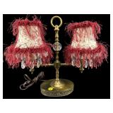 SMALL 2 LIGHT BRASS TABLE LAMP WITH SHADES