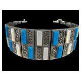 STERLING ART DECO TURQUOISE & MOTHER OF PEARL