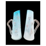 2 SMALL VICTORIAN LIGHT BLUE CASED GLASS EWERS