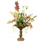 LARGE FAUX FLOWER ARRANGEMENT IN METAL COMPOTE