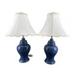 2 INDIGO BLUE GINGER JAR STYLE TABLE LAMPS WITH