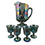 5 PC INDIANA BLUE CARNIVAL GRAPE AND LEAF PITCHER