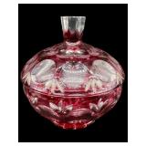 BOHEMIAN CRANBERRY CUT TO CLEAR CANDY DISH WITH