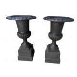 2 EXTRA LARGE CAST IRON URNS ON PEDESTALS