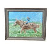 SIGNED OIL ON BOARD KIDS ON FARM HORSE
