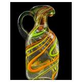 HAND BLOWN ART GLASS GREEN & ORANGE SWIRL PITCHER