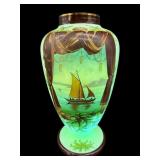 ANTIQUE OPALINE SAILBOAT SCENE FOOTED VASE