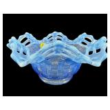 FENTON BLUE OPALESCENT BASKET WEAVE BOWL