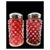 PR OF FENTON CRANBERRY HOBNAIL OPALESCENT SALT