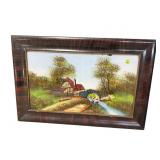 ANTIQUE REVERSE PAINTED FARM SCENE