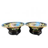 2 BLACK AND FLORAL CLOISONNE BOWLS ON STAND
