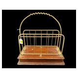 EARLY ENGLISH BRASS AND WOOD MAGAZINE RACK