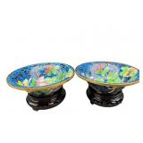 2 SMALLER BLUE AND FLORAL CLOISONNE BOWLS ON