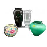 4 PC LOT OF MISC POTTERY AND GLASS VASES