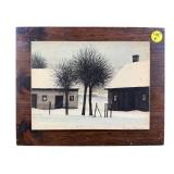 PRINT ON BOARD 'WINTER FARM' BY JACQUES DEPERTHES