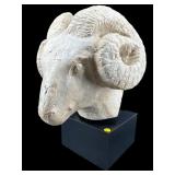 LARGE CARVED RAMS HEAD SCULPTURE ON BASE