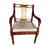 PAINT DECORATED OPEN ARM CARVED BACK CHAIR