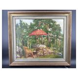 LARGE SWEDISH GARDEN PATIO 1947 OIL ON BOARD