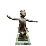BRONZE BLINDFOLDED GIRL ON MARBLE PEDESTAL