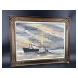 VINTAGE SIGNED WATERCOLOR OF SHIP UNDER BRIDGE